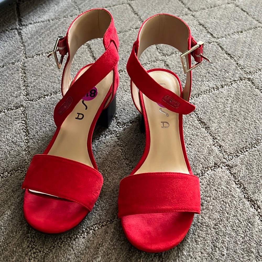 Red suede ankle strap sandal
